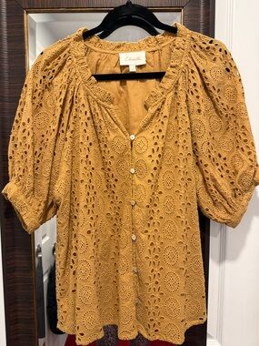Cleobella Mustard Eyelet Button-Front Puff Sleeve Top